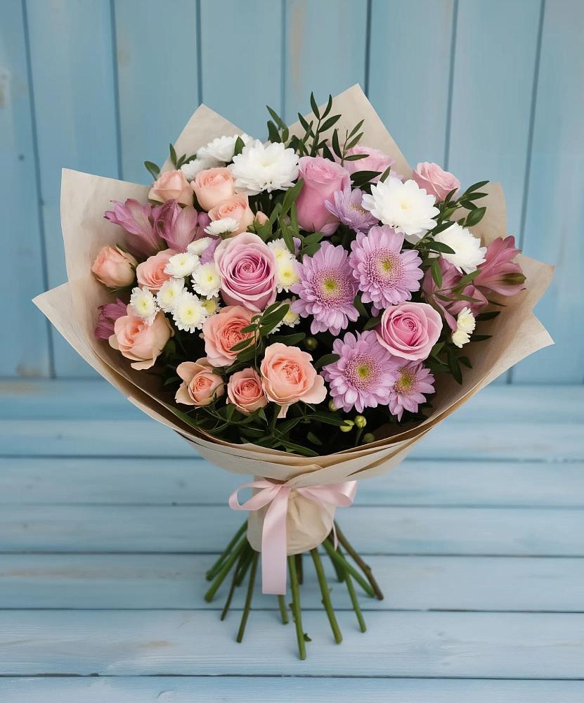 Букет цветов из: Хризантемы, Розы и Альстромерии в Большом Селе