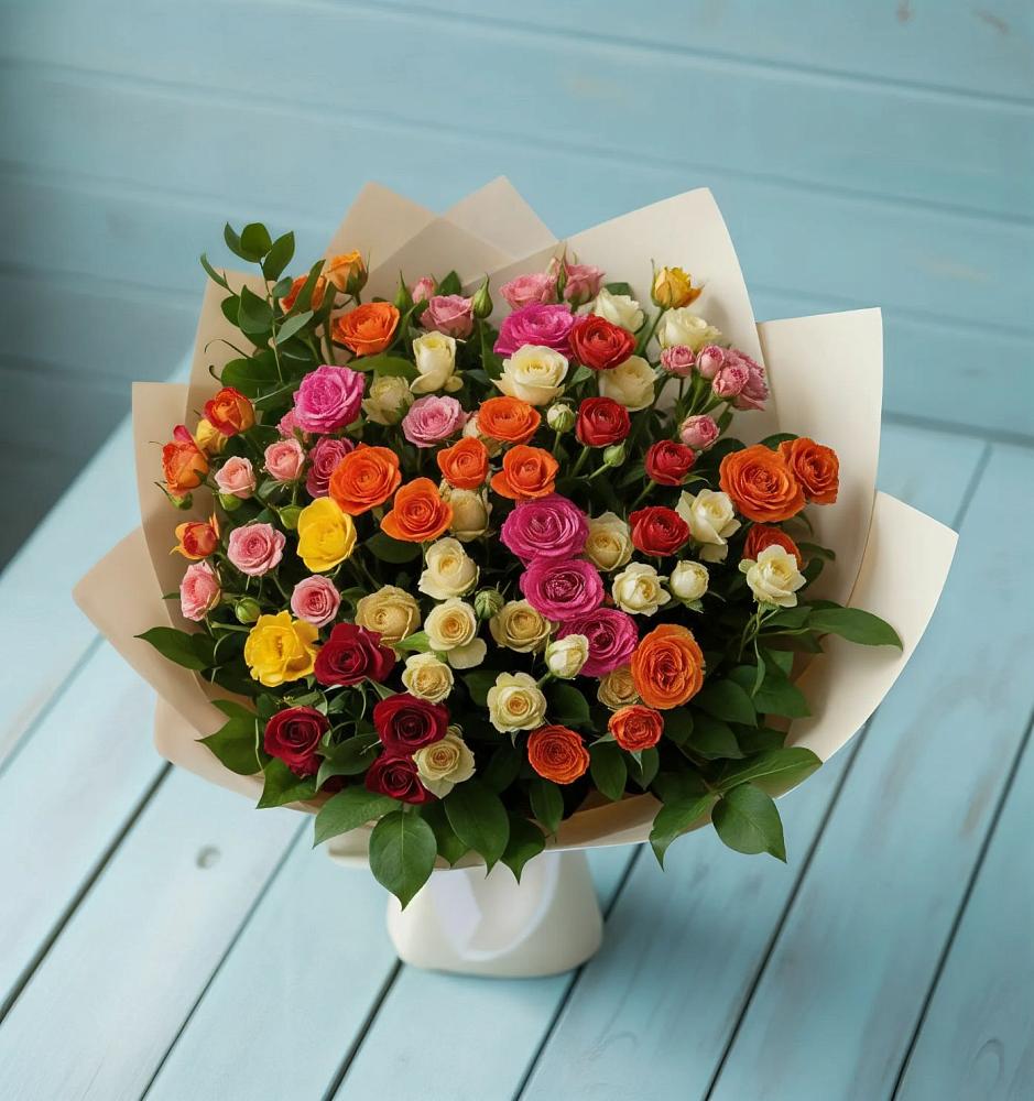 Букет Микс из разноцветных кустовых роз в Большом Селе