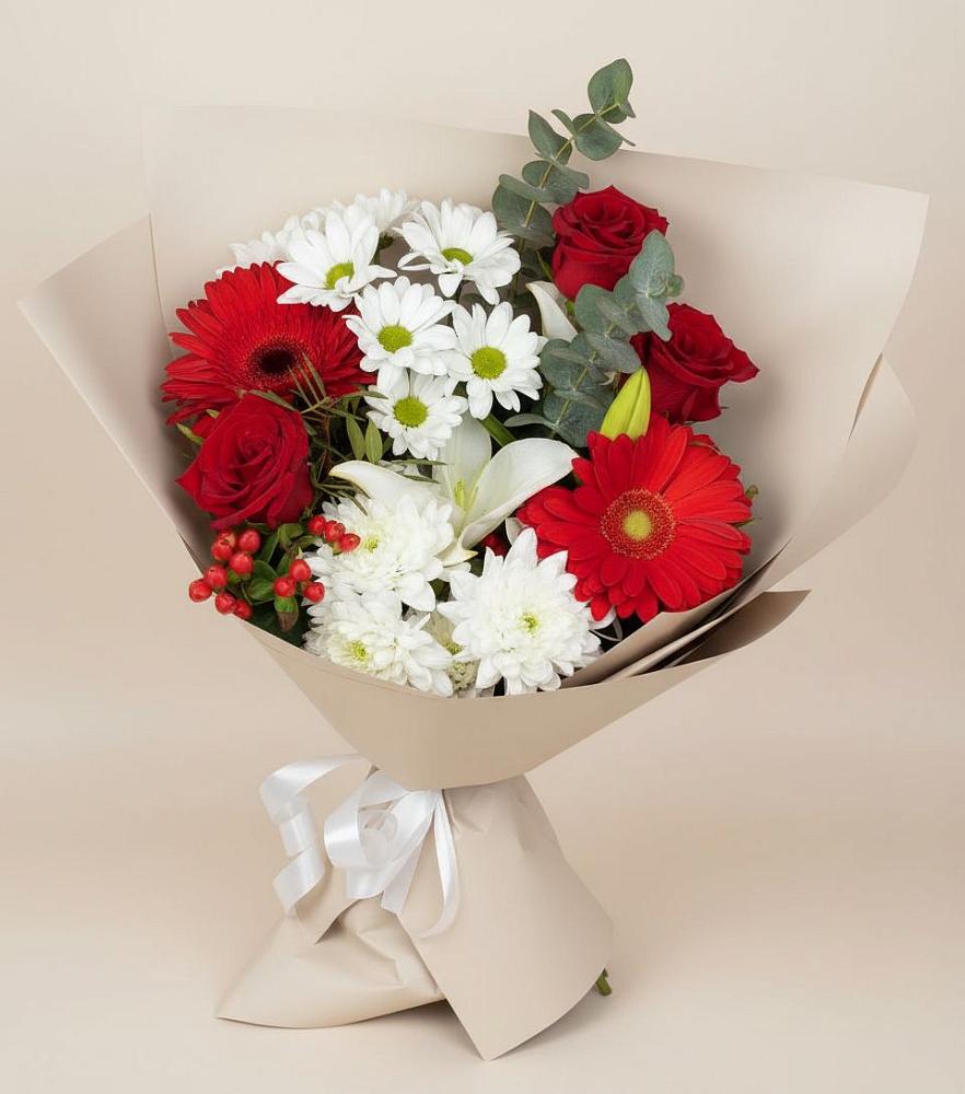 Букет цветов из: Розы, Хризантемы, Герберы и Лилии в Большом Селе