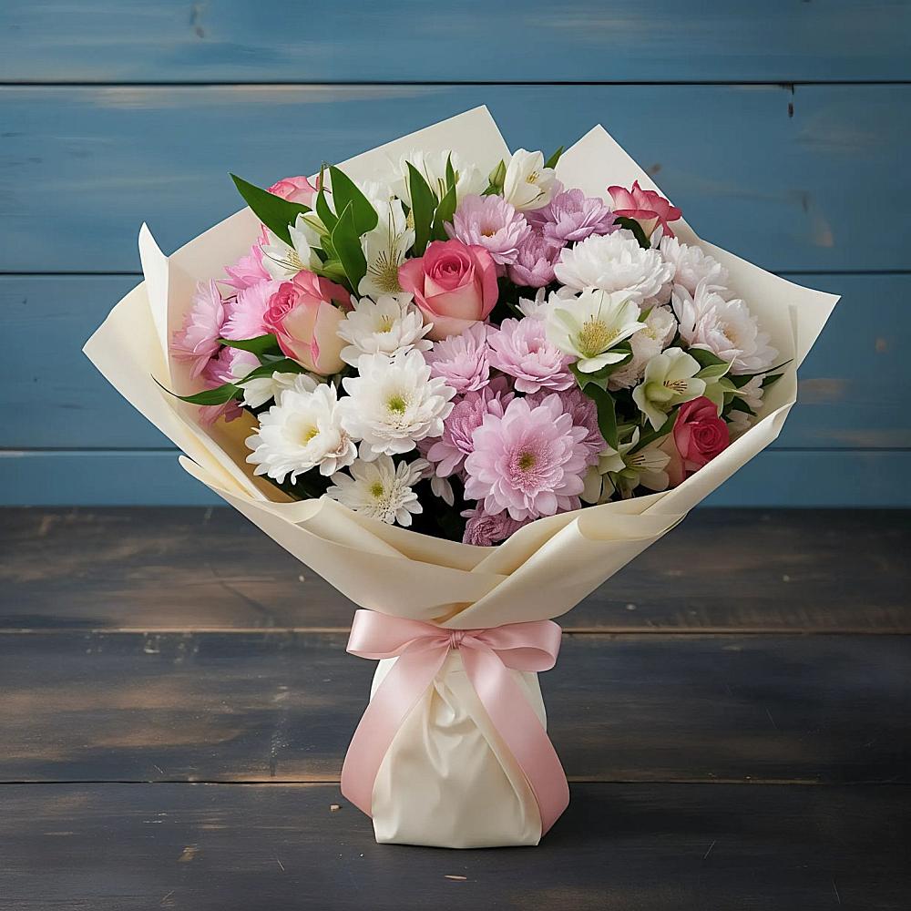 Букет цветов из: Хризантемы, Альстромерии и Розы в Большом Селе